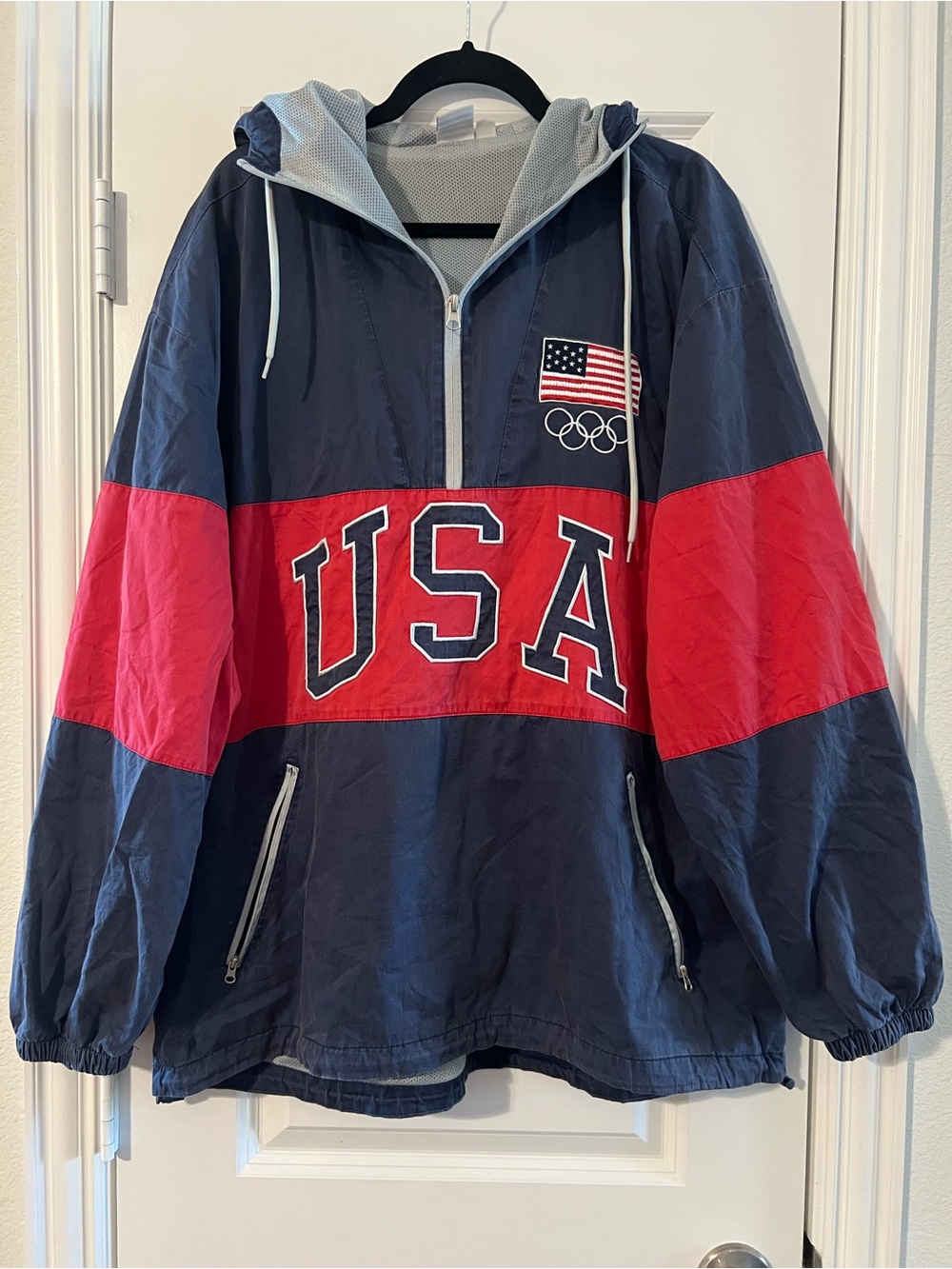 USA 1/4 Zip Hooded Windbreaker Jacket - Navy and Red